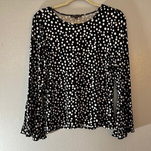 Adriana Papell black and white polka dot long sleeved blouse. Size Medium
